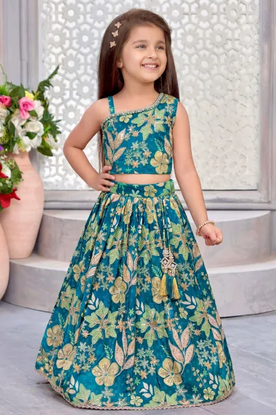 Rama Blue Sequins, Stone and Zari work with Floral Print Lehenga Choli